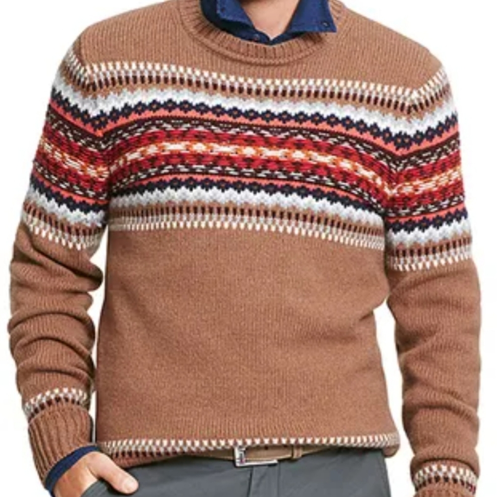 Tommy Hilfiger Tan Crewneck Sweater with Multicolor Fair Isle Stripe